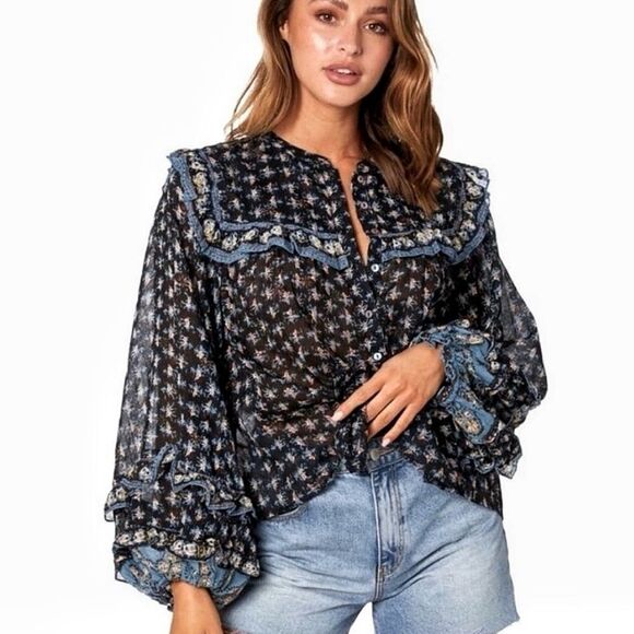 Free People Peasant Sleeve Ruffle Blouse Button Down XS - Picture 1 of 12